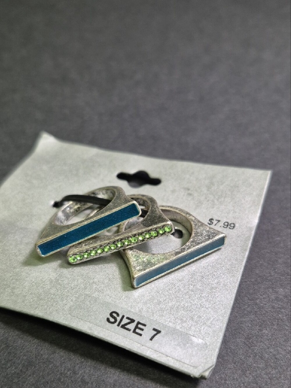 Silver-Tone Ring Set with Teal Inlay and Green Stones - Size 7 - Picture 3 of 4